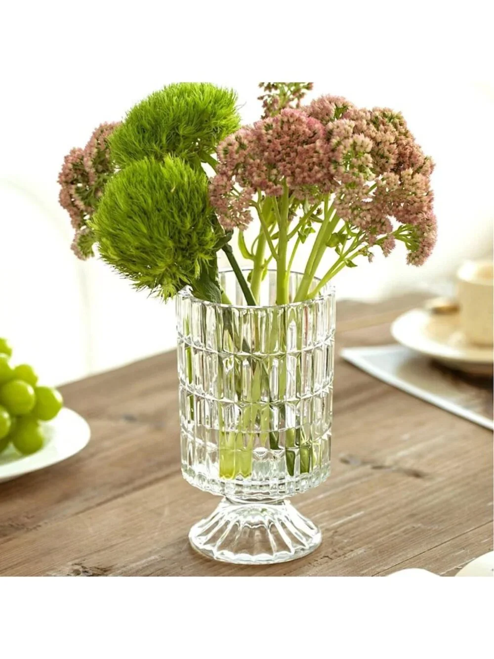 7'' Ribbed Crystal Glass Vase - Elegant Pedestal Design for Home, Office